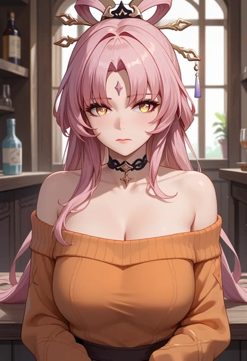 star rail,fu xuan,orange,sweater,choker  - AI generated anime art